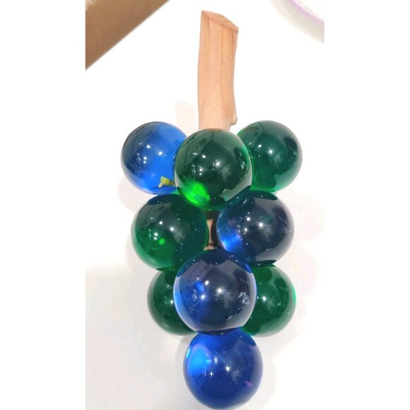 Extra Large Vintage MCM Blue Green Lucite Grapes Cluster On Wood Stem 7+" READ - Picture 7 of 11